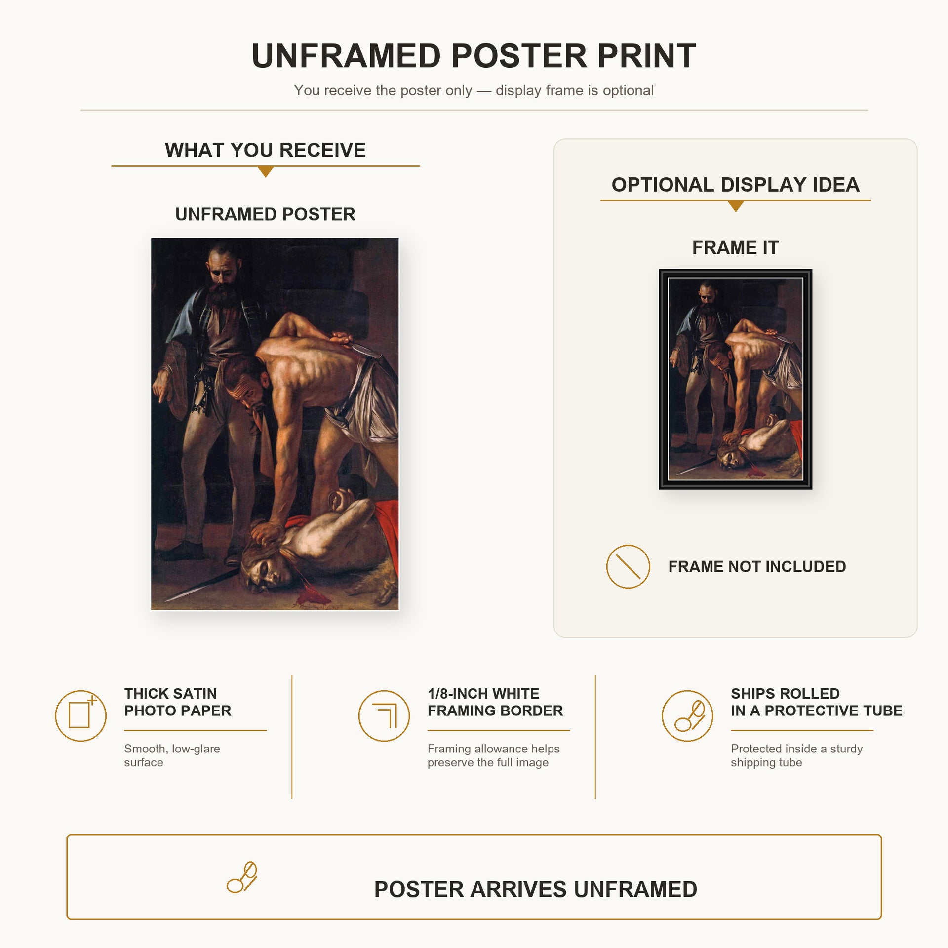 Caravaggio - Beheading of Saint John the Baptist poster print size comparison and framing display infographic