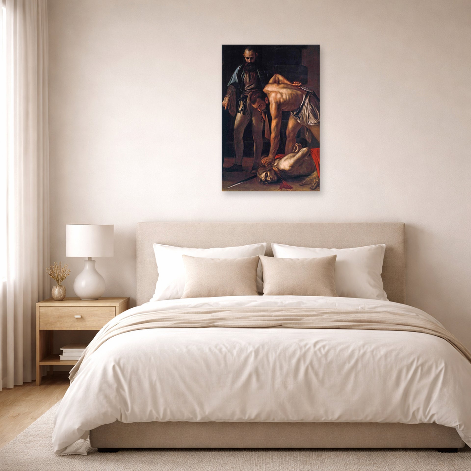 Unframed poster print of Caravaggio's 'Beheading of Saint John the Baptist' displayed on a wall in a bedroom
