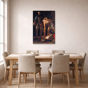 Unframed poster print of Caravaggio's 'Beheading of Saint John the Baptist' displayed on a wall in a dining room