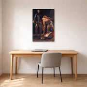 Unframed poster print of Caravaggio's 'Beheading of Saint John the Baptist' displayed on a wall in an office