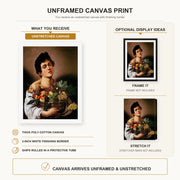 Caravaggio - Boy with a Basket of Fruit canvas print size comparison and framing display infographic