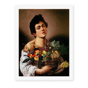 Caravaggio's 'Boy with a Basket of Fruit' painting reproduced as a rolled canvas print, an early Caravaggio work from the 1590s