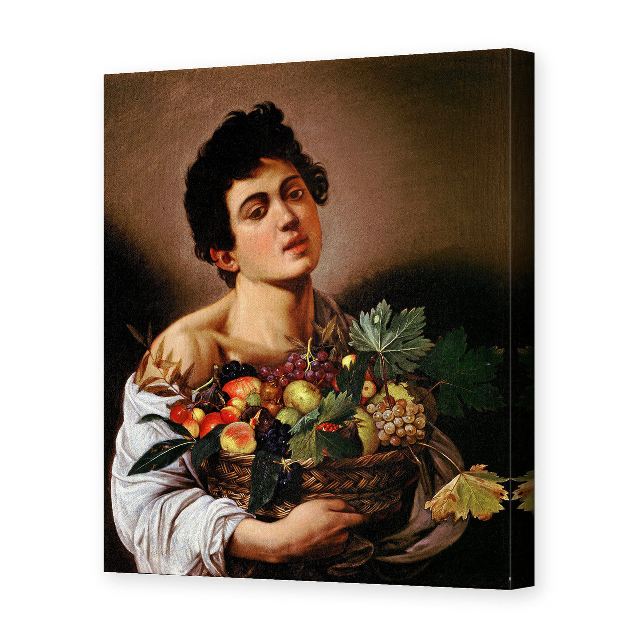 Caravaggio's 'Boy with a Basket of Fruit' painting reproduced as a gallery-wrapped canvas print, an early Caravaggio work from the 1590s
