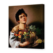 Caravaggio's 'Boy with a Basket of Fruit' painting reproduced as a gallery-wrapped canvas print, an early Caravaggio work from the 1590s