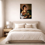 Gallery-wrapped canvas print of Caravaggio's 'Boy with a Basket of Fruit' displayed on a wall in a bedroom