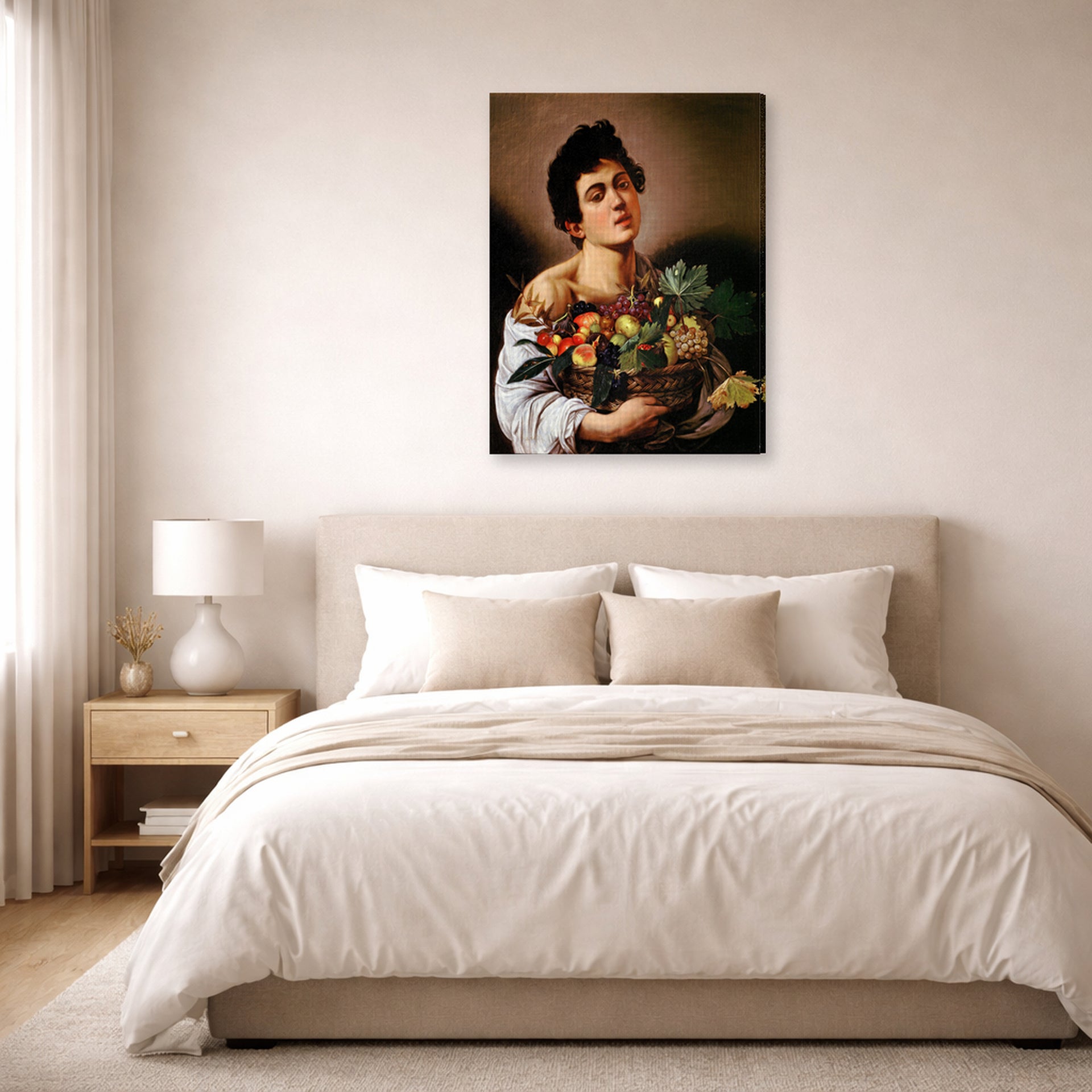 Gallery-wrapped canvas print of Caravaggio's 'Boy with a Basket of Fruit' displayed on a wall in a bedroom