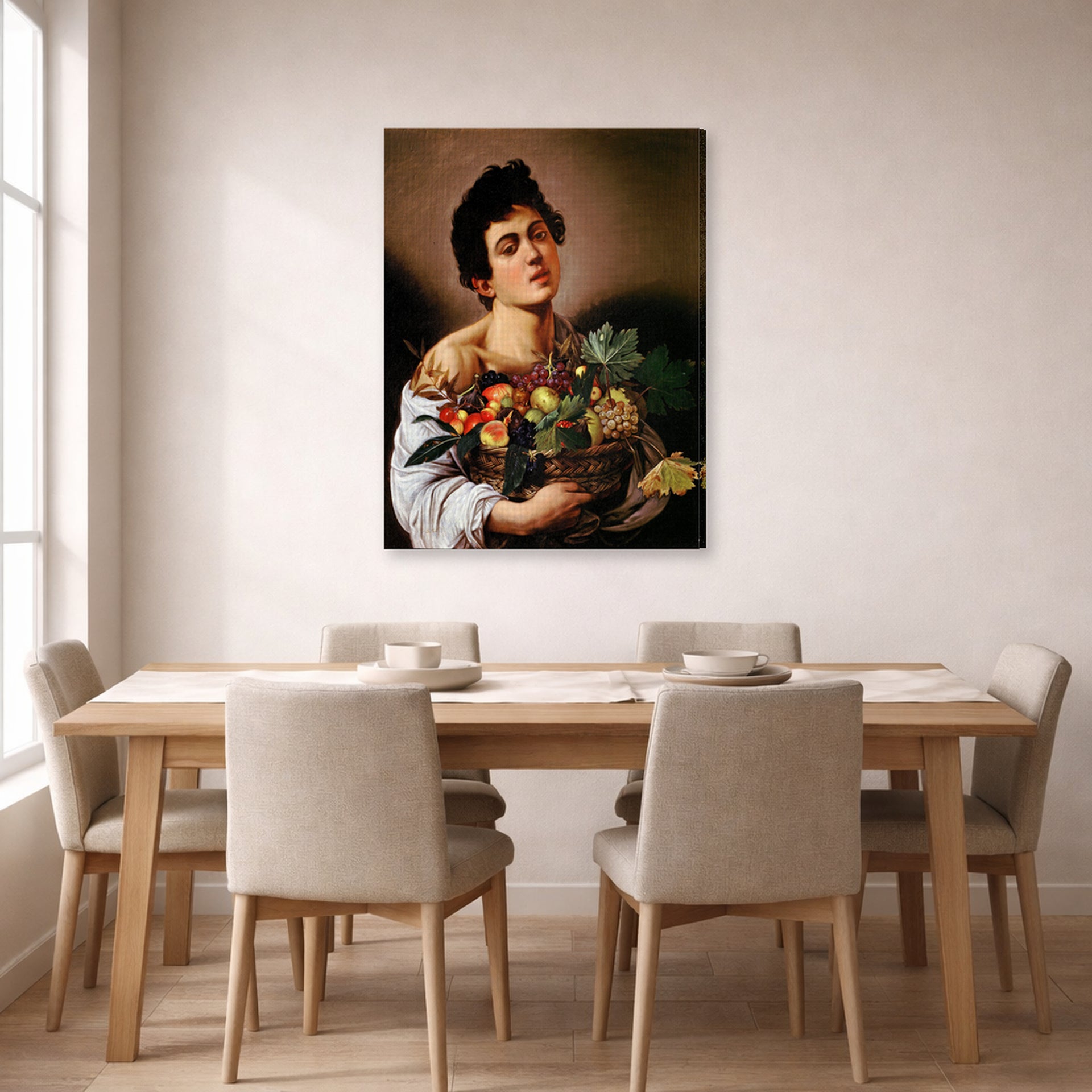 Gallery-wrapped canvas print of Caravaggio's 'Boy with a Basket of Fruit' displayed on a wall in a dining room