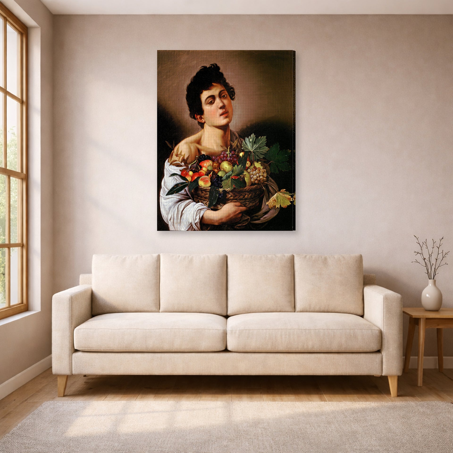 Gallery-wrapped canvas print of Caravaggio's 'Boy with a Basket of Fruit' displayed on a wall in a living room
