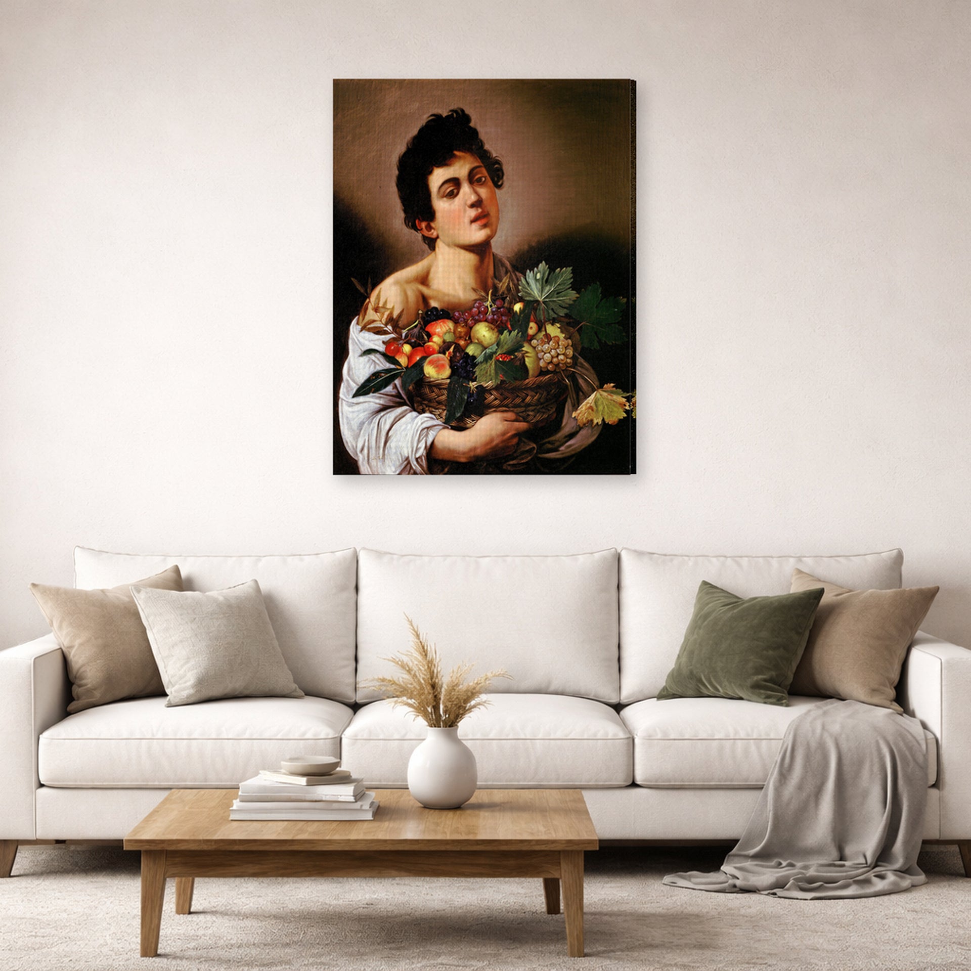 Gallery-wrapped canvas print of Caravaggio's 'Boy with a Basket of Fruit' displayed on a wall in a living room