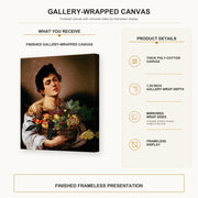Caravaggio - Boy with a Basket of Fruit gallery wrap canvas construction and hanging details infographic