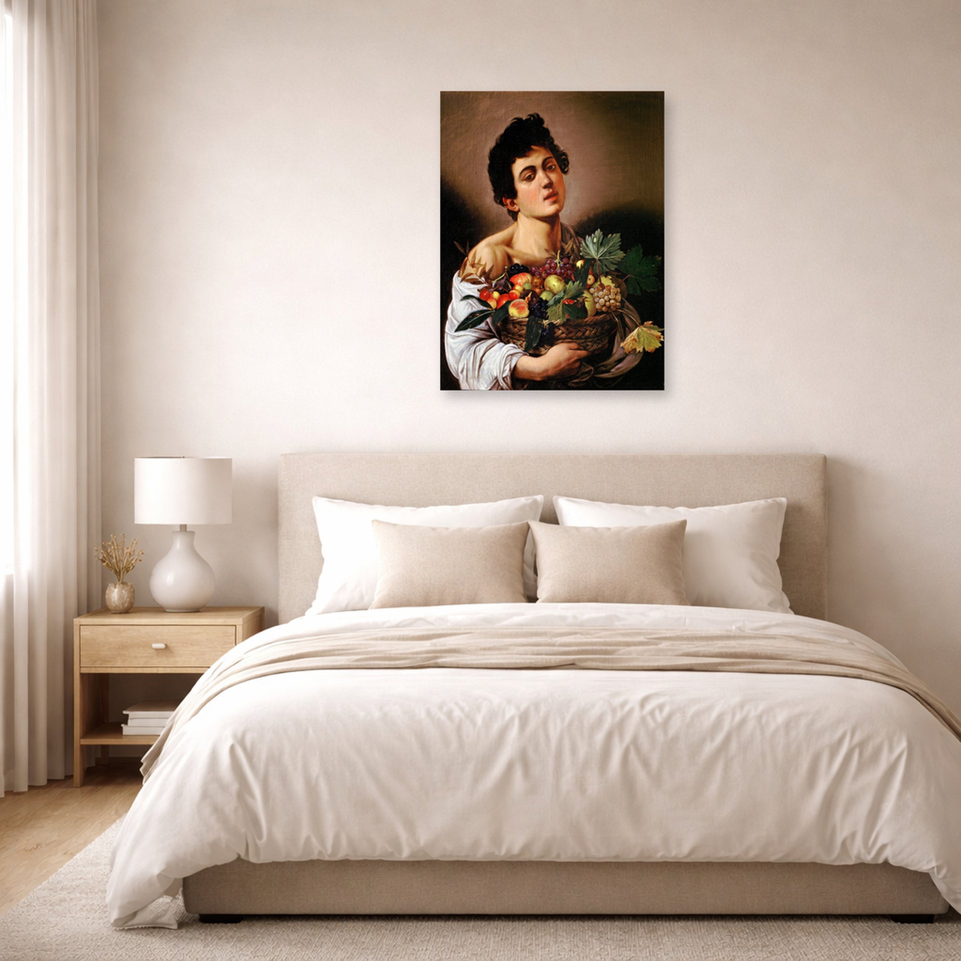 Unframed poster print of Caravaggio's 'Boy with a Basket of Fruit' displayed on a wall in a bedroom