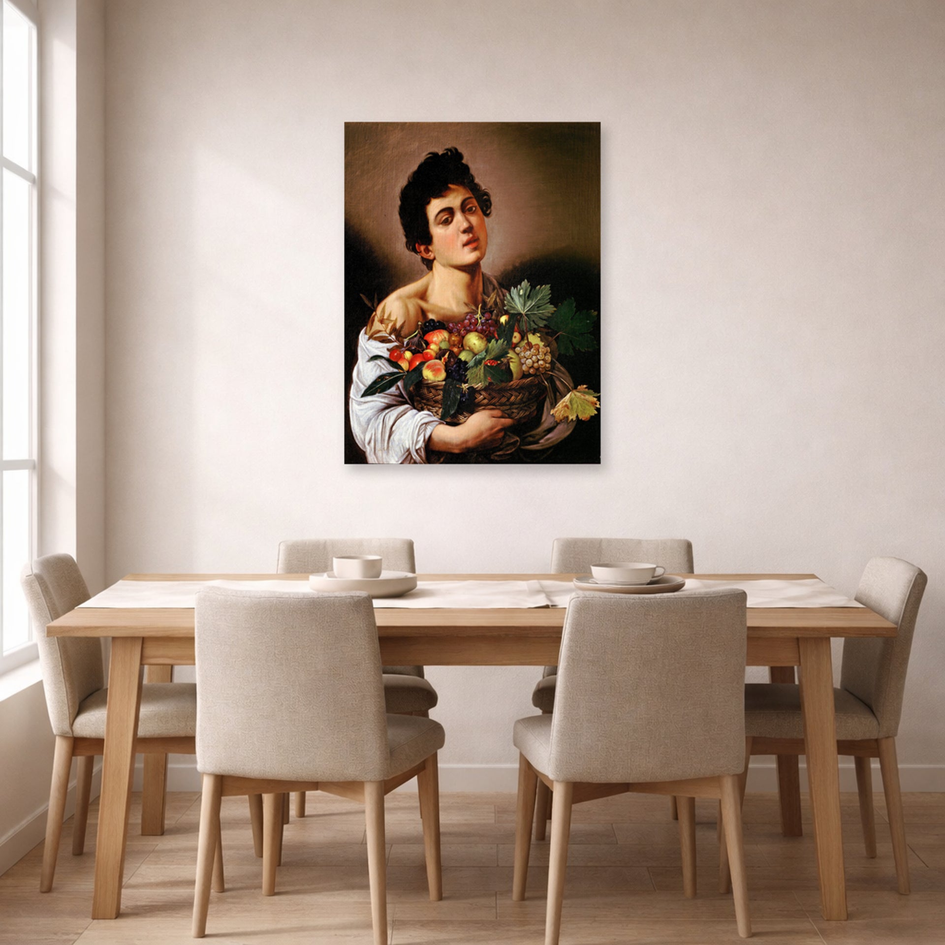 Unframed poster print of Caravaggio's 'Boy with a Basket of Fruit' displayed on a wall in a dining room