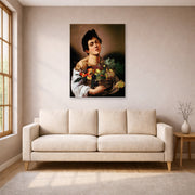 Unframed poster print of Caravaggio's 'Boy with a Basket of Fruit' displayed on a wall in a living room