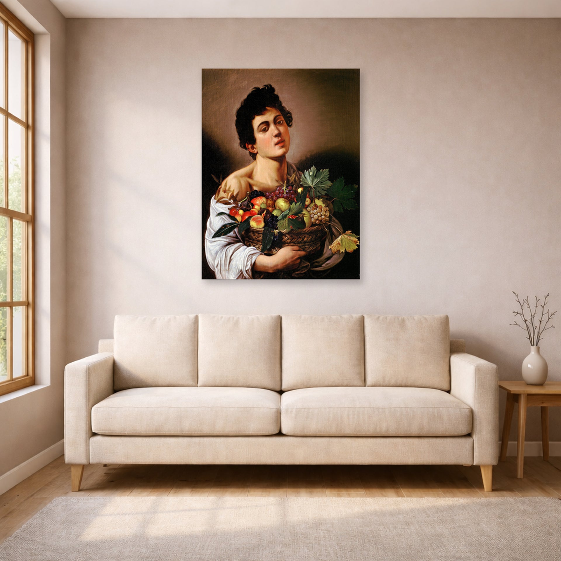 Unframed poster print of Caravaggio's 'Boy with a Basket of Fruit' displayed on a wall in a living room