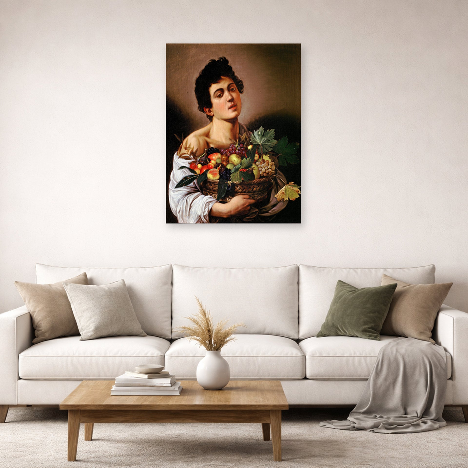 Unframed poster print of Caravaggio's 'Boy with a Basket of Fruit' displayed on a wall in a living room