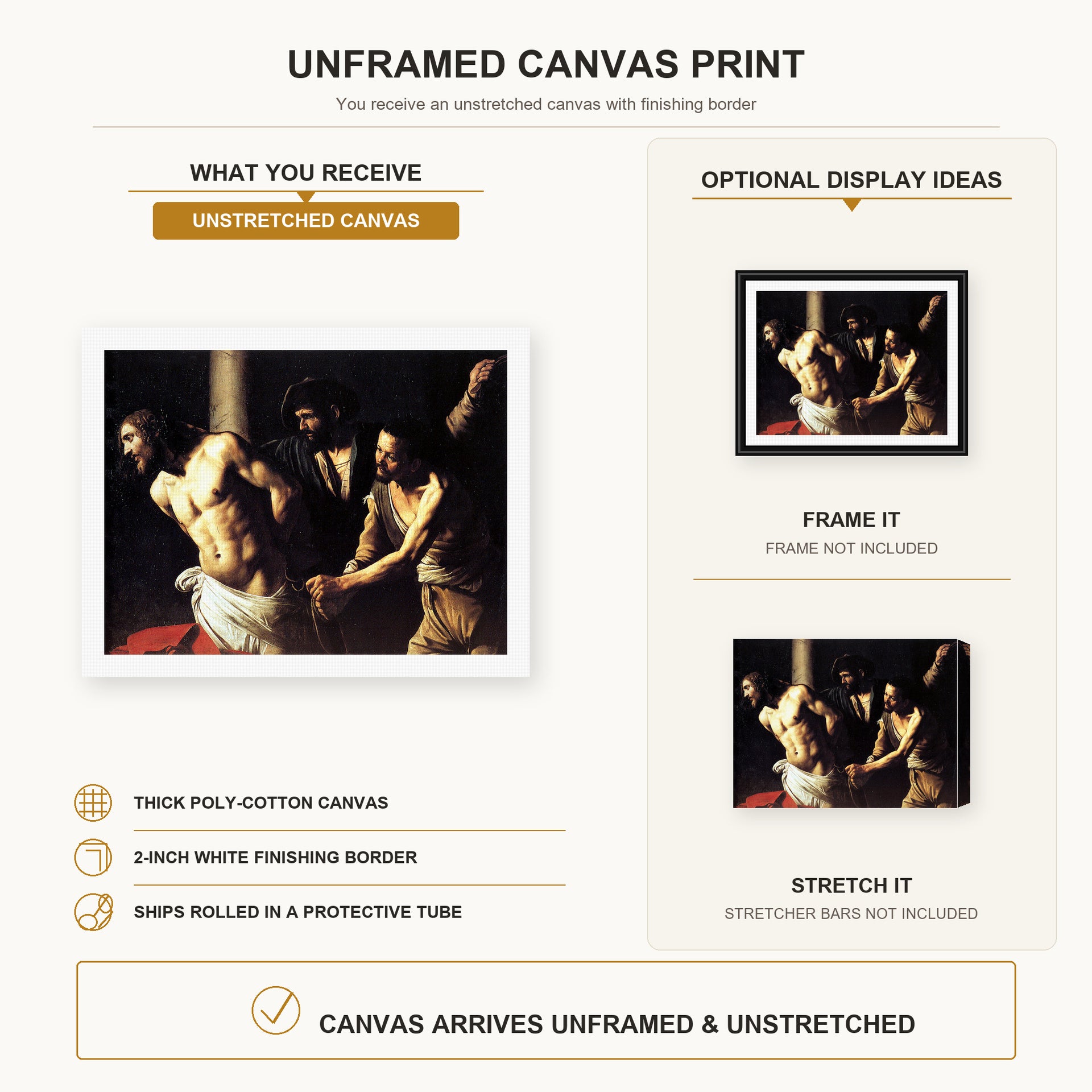 Caravaggio - Christ of the Column canvas print size comparison and framing display infographic