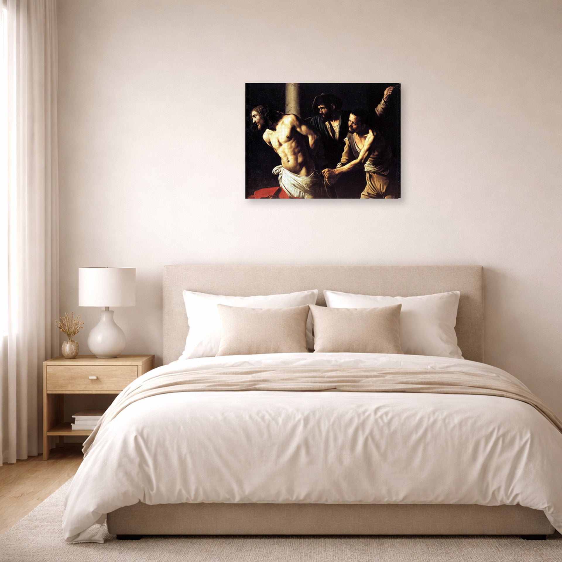 Gallery-wrapped canvas print of Caravaggio's 'Christ of the Column' displayed on a wall in a bedroom