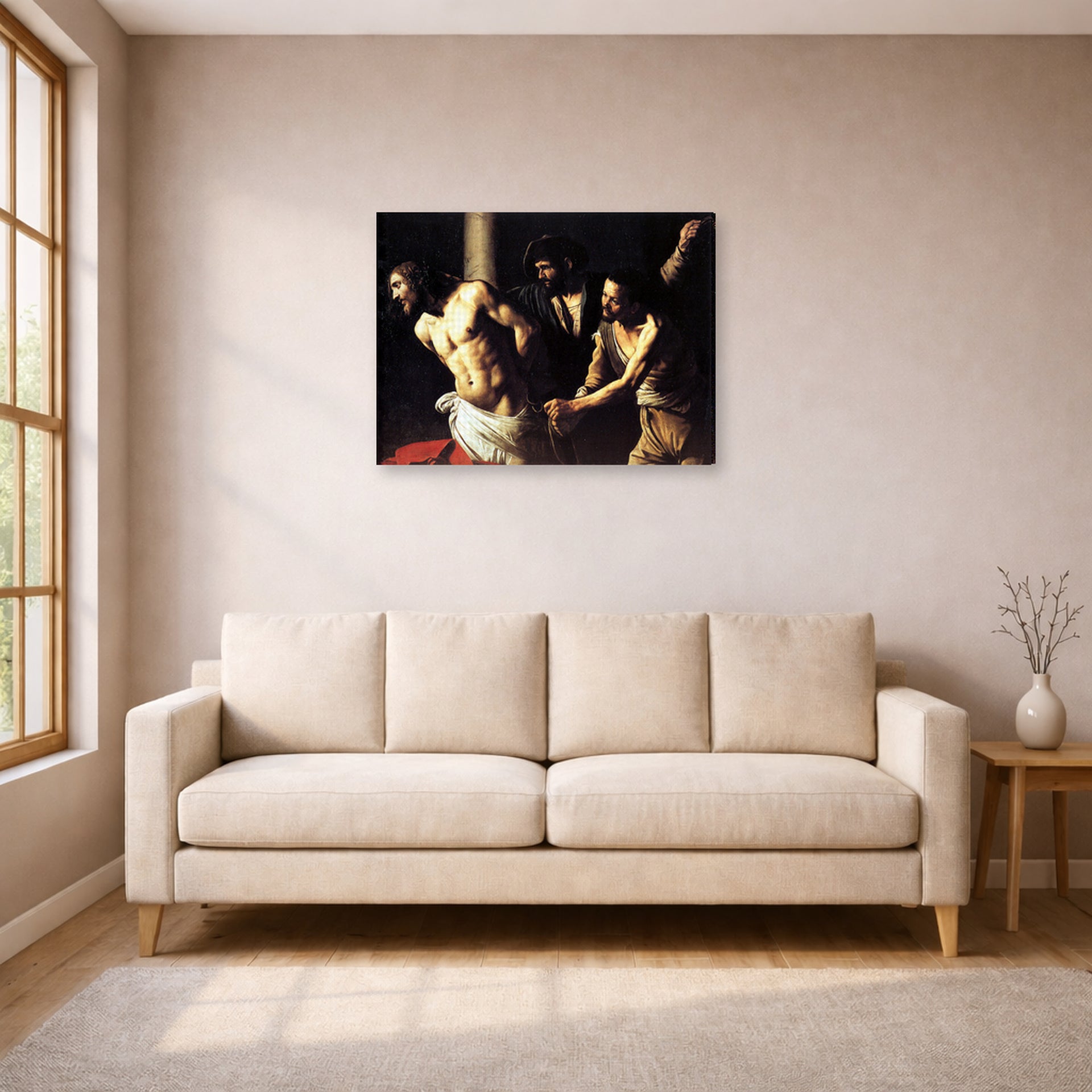 Gallery-wrapped canvas print of Caravaggio's 'Christ of the Column' displayed on a wall in a living room
