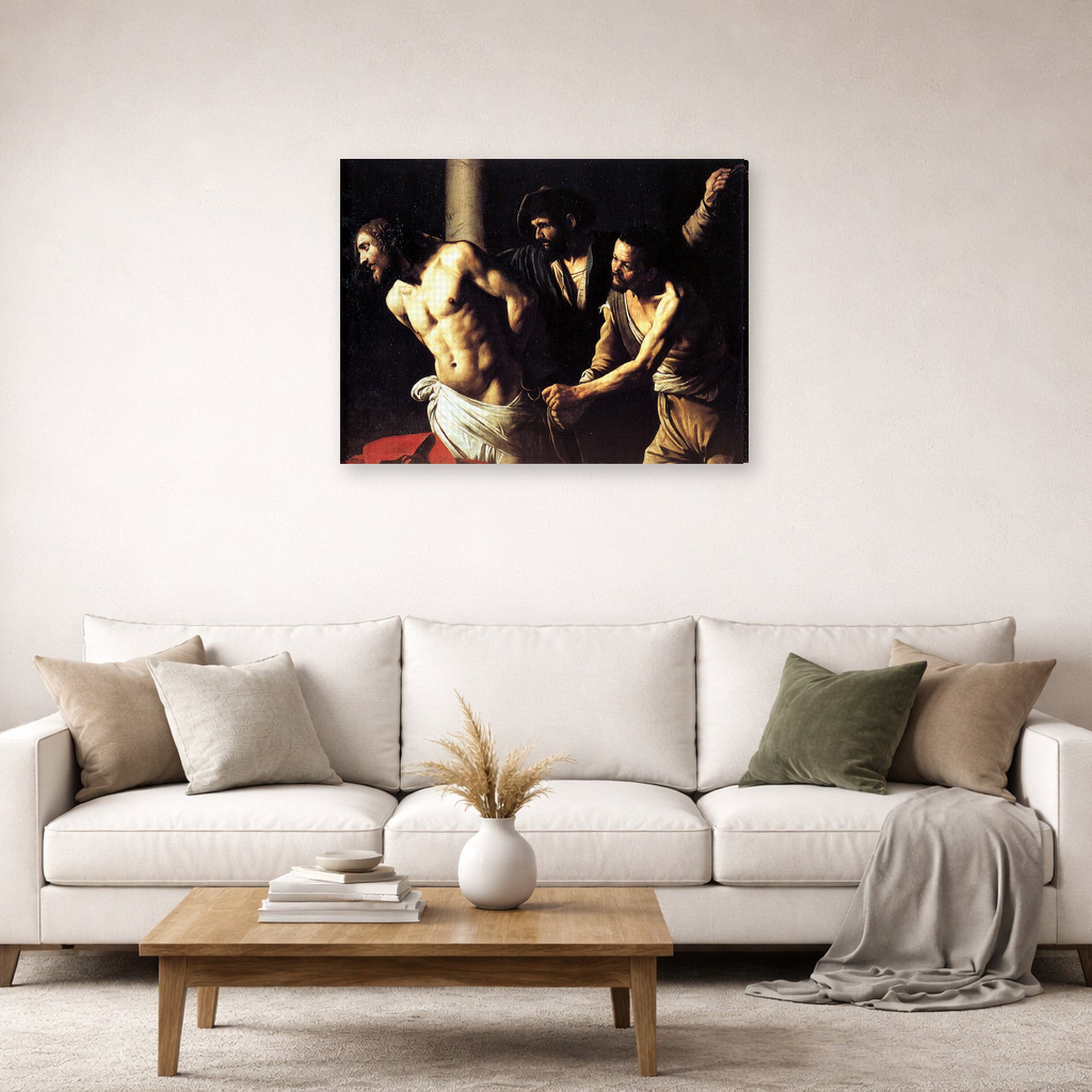 Gallery-wrapped canvas print of Caravaggio's 'Christ of the Column' displayed on a wall in a living room
