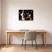 Gallery-wrapped canvas print of Caravaggio's 'Christ of the Column' displayed on a wall in an office
