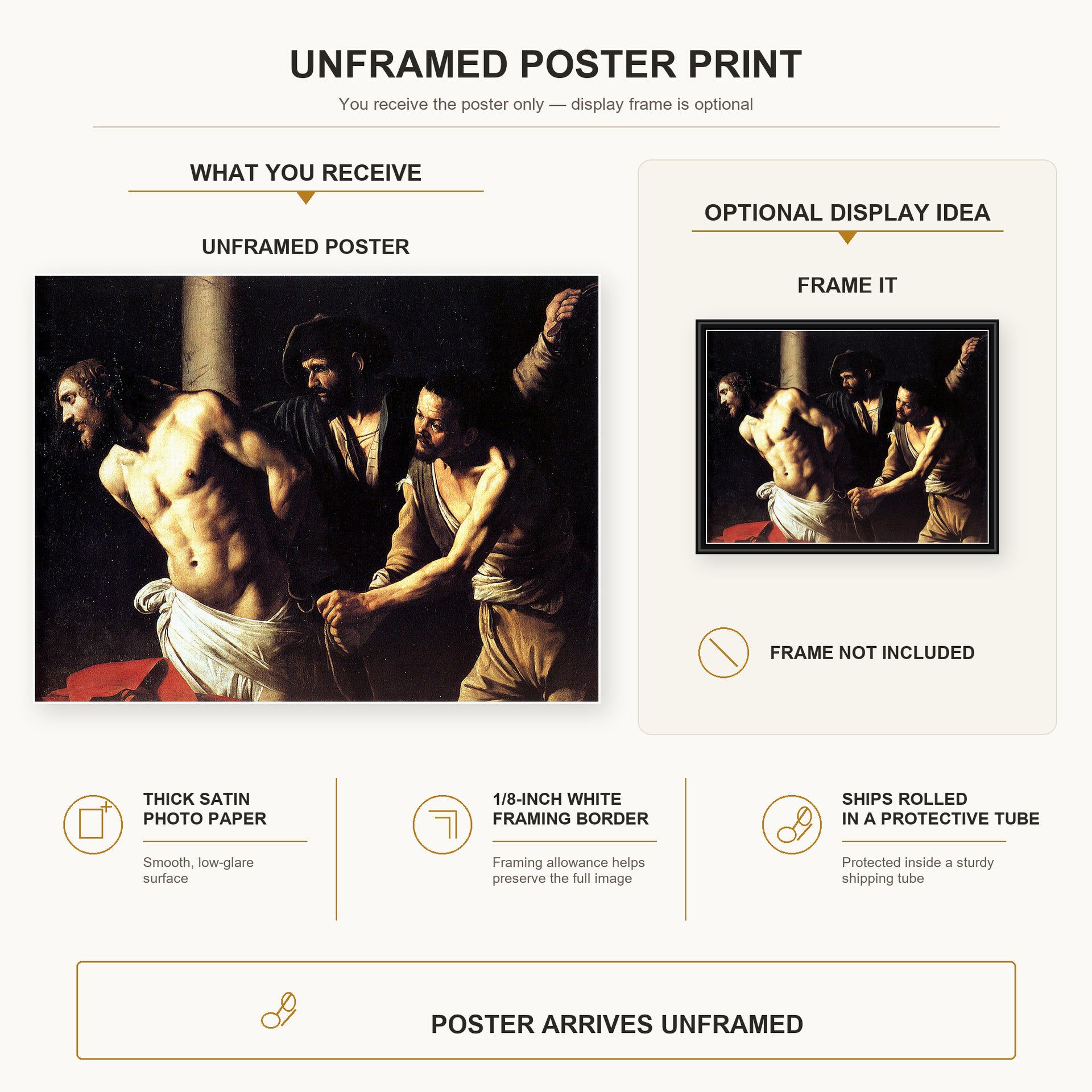 Caravaggio - Christ of the Column poster print size comparison and framing display infographic