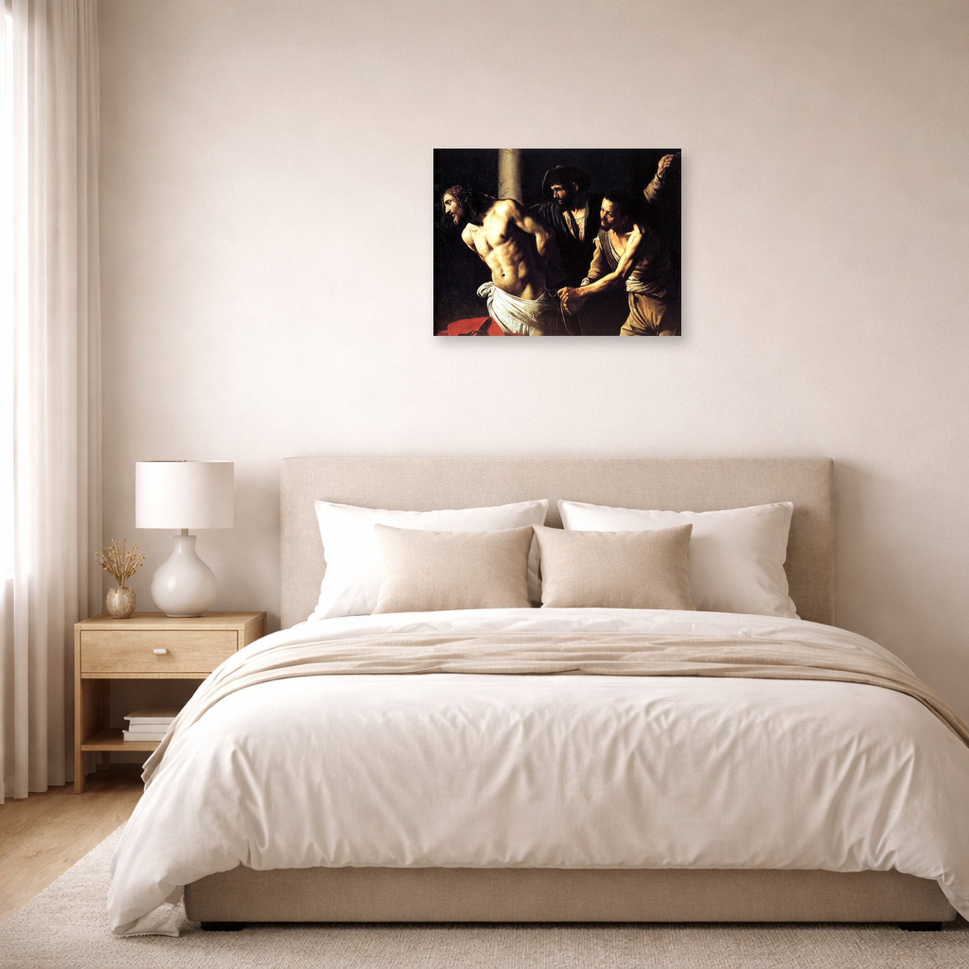 Unframed poster print of Caravaggio's 'Christ of the Column' displayed on a wall in a bedroom