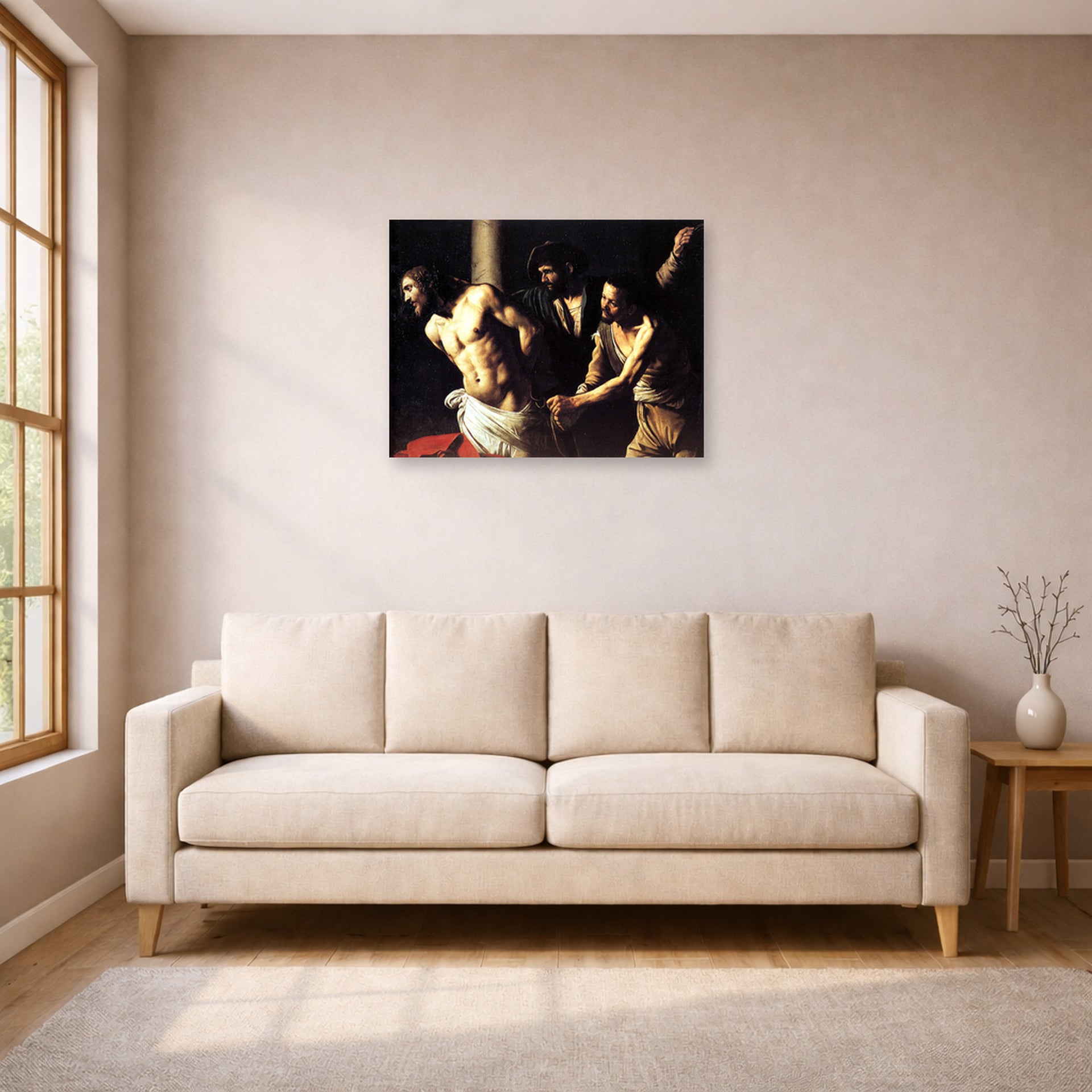 Unframed poster print of Caravaggio's 'Christ of the Column' displayed on a wall in a living room