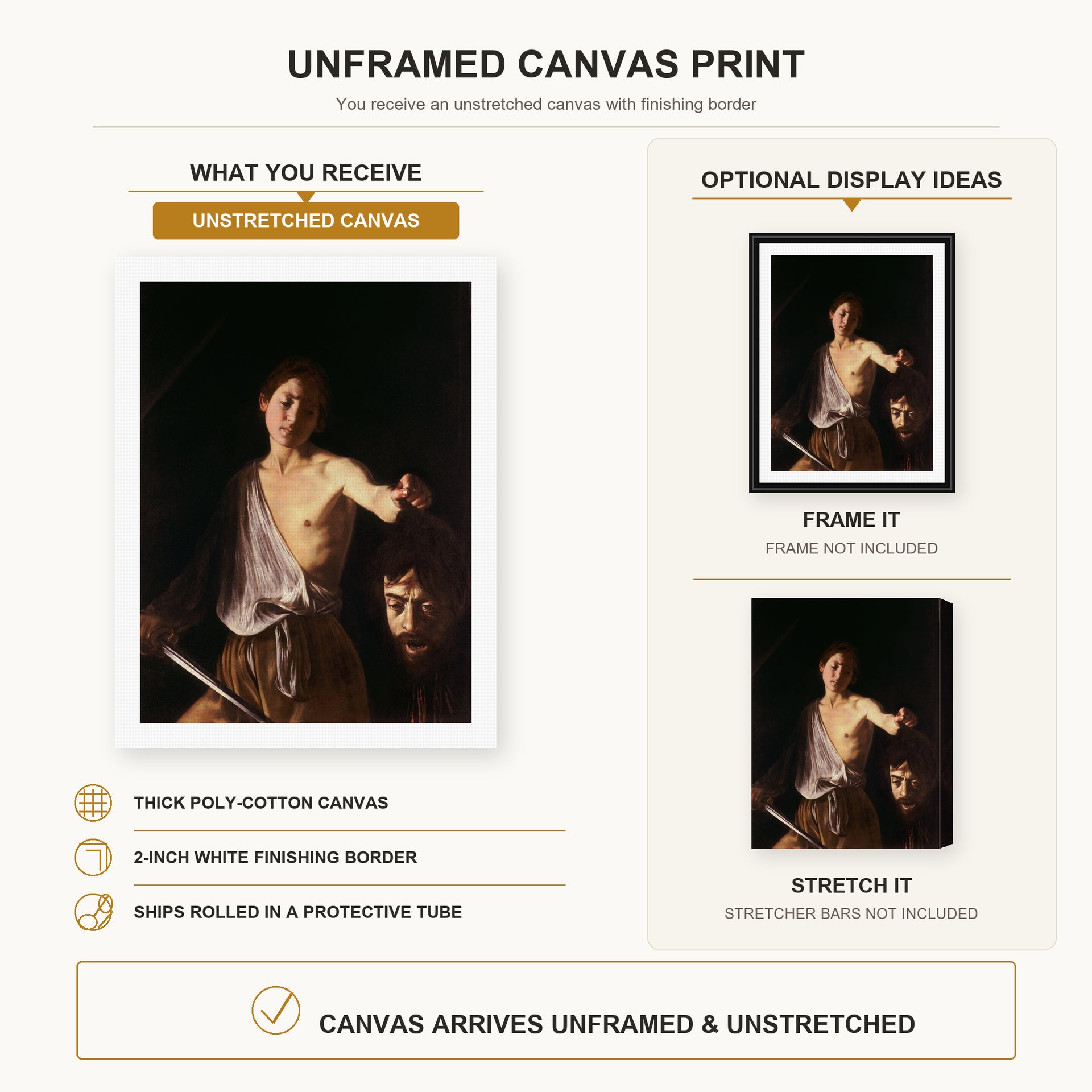 Caravaggio - David with the Head of Goliath canvas print size comparison and framing display infographic