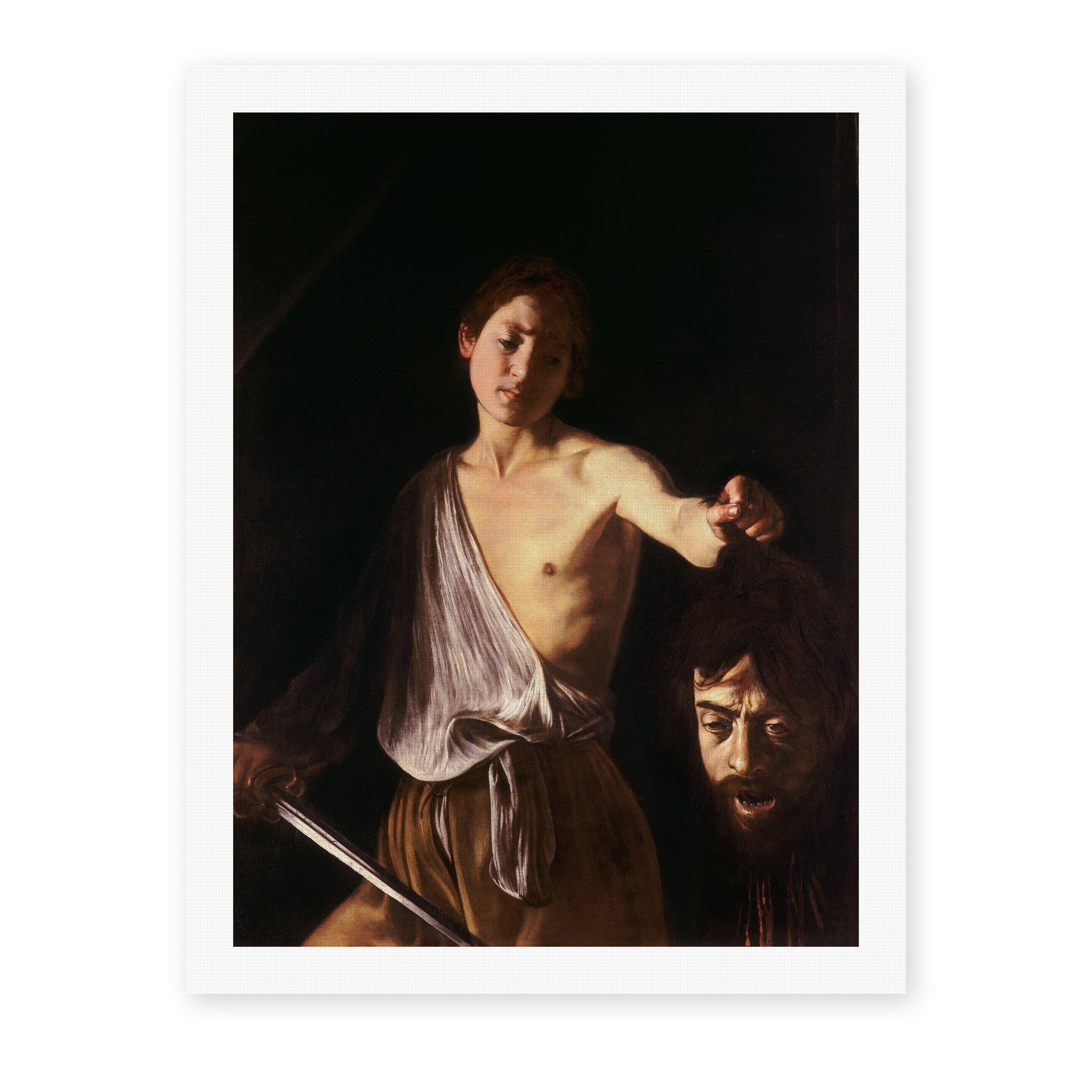 Caravaggio's 'David with the Head of Goliath' painting reproduced as a rolled canvas print, in which Caravaggio painted his own face as Goliath's head