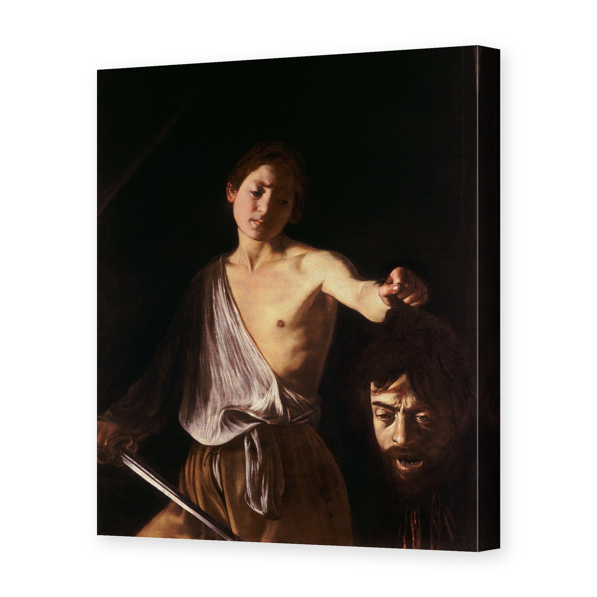 Caravaggio's 'David with the Head of Goliath' painting reproduced as a gallery-wrapped canvas print, in which Caravaggio painted his own face as Goliath's head