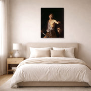 Gallery-wrapped canvas print of Caravaggio's 'David with the Head of Goliath' displayed on a wall in a bedroom