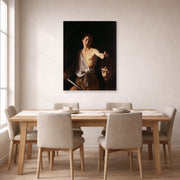 Gallery-wrapped canvas print of Caravaggio's 'David with the Head of Goliath' displayed on a wall in a dining room