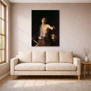 Gallery-wrapped canvas print of Caravaggio's 'David with the Head of Goliath' displayed on a wall in a living room
