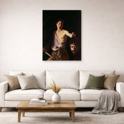Gallery-wrapped canvas print of Caravaggio's 'David with the Head of Goliath' displayed on a wall in a living room