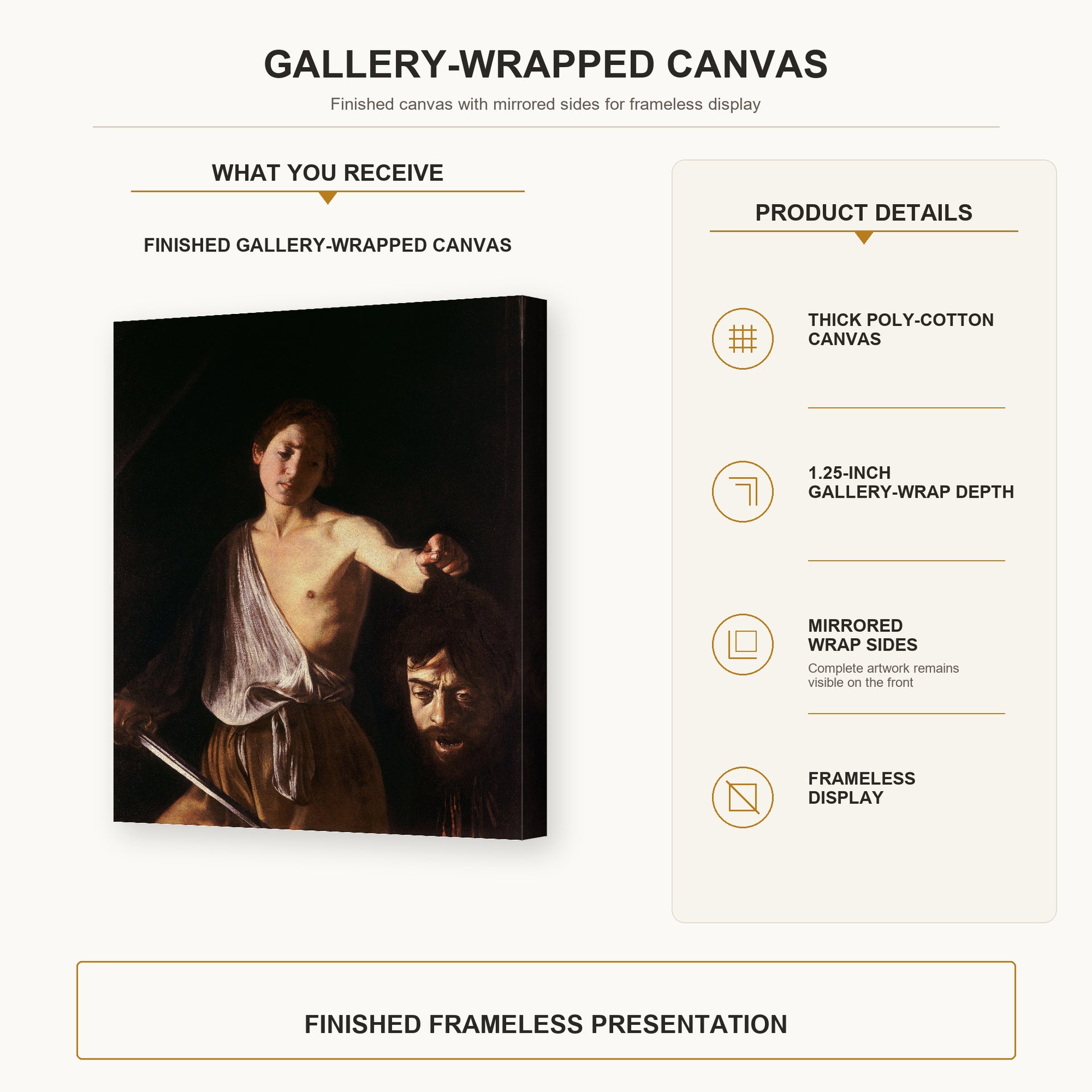 Caravaggio - David with the Head of Goliath gallery wrap canvas construction and hanging details infographic