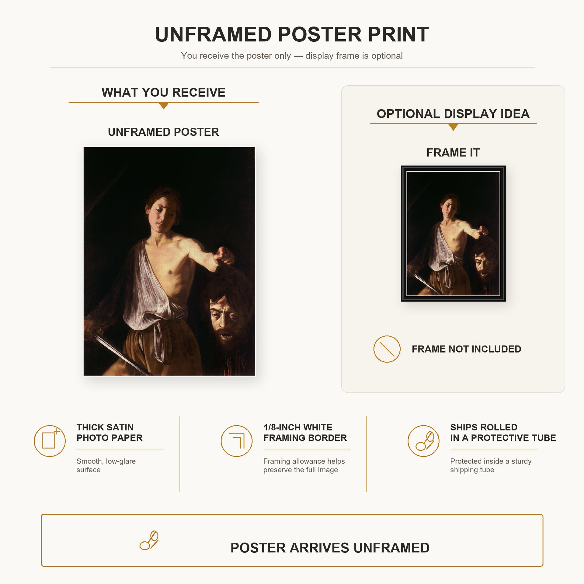 Caravaggio - David with the Head of Goliath poster print size comparison and framing display infographic
