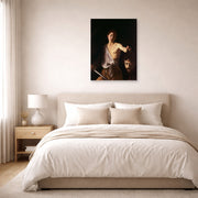 Unframed poster print of Caravaggio's 'David with the Head of Goliath' displayed on a wall in a bedroom