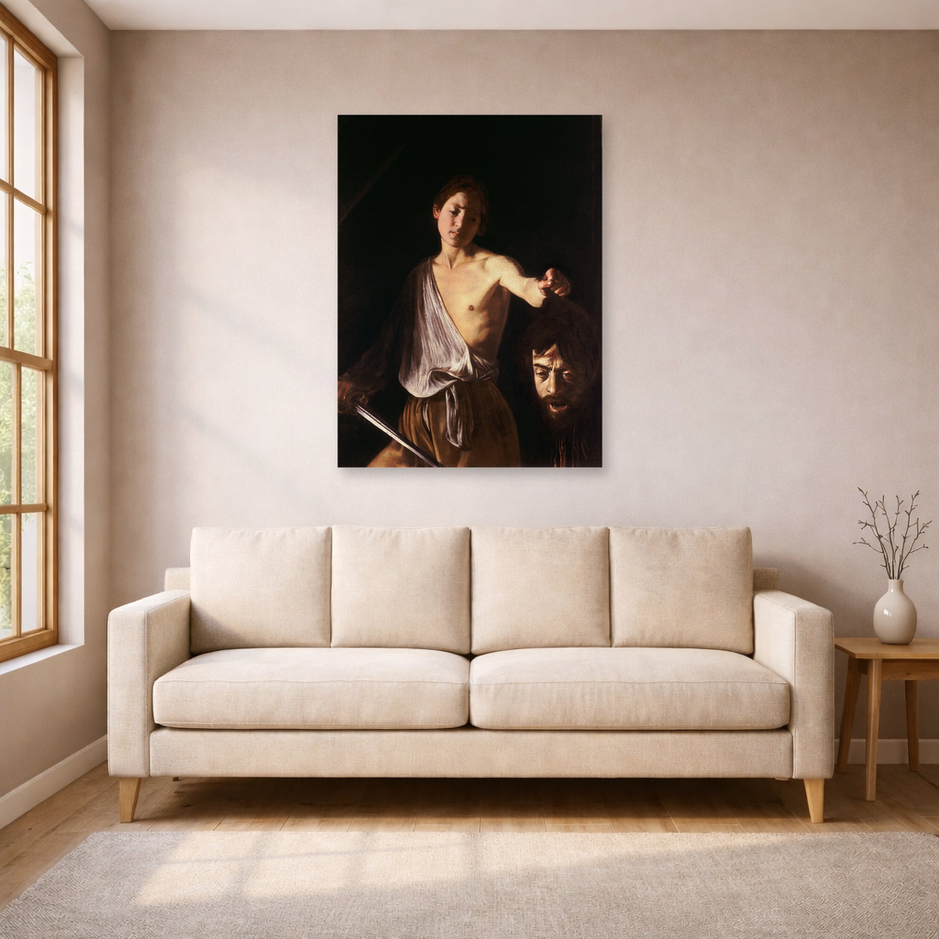 Unframed poster print of Caravaggio's 'David with the Head of Goliath' displayed on a wall in a living room