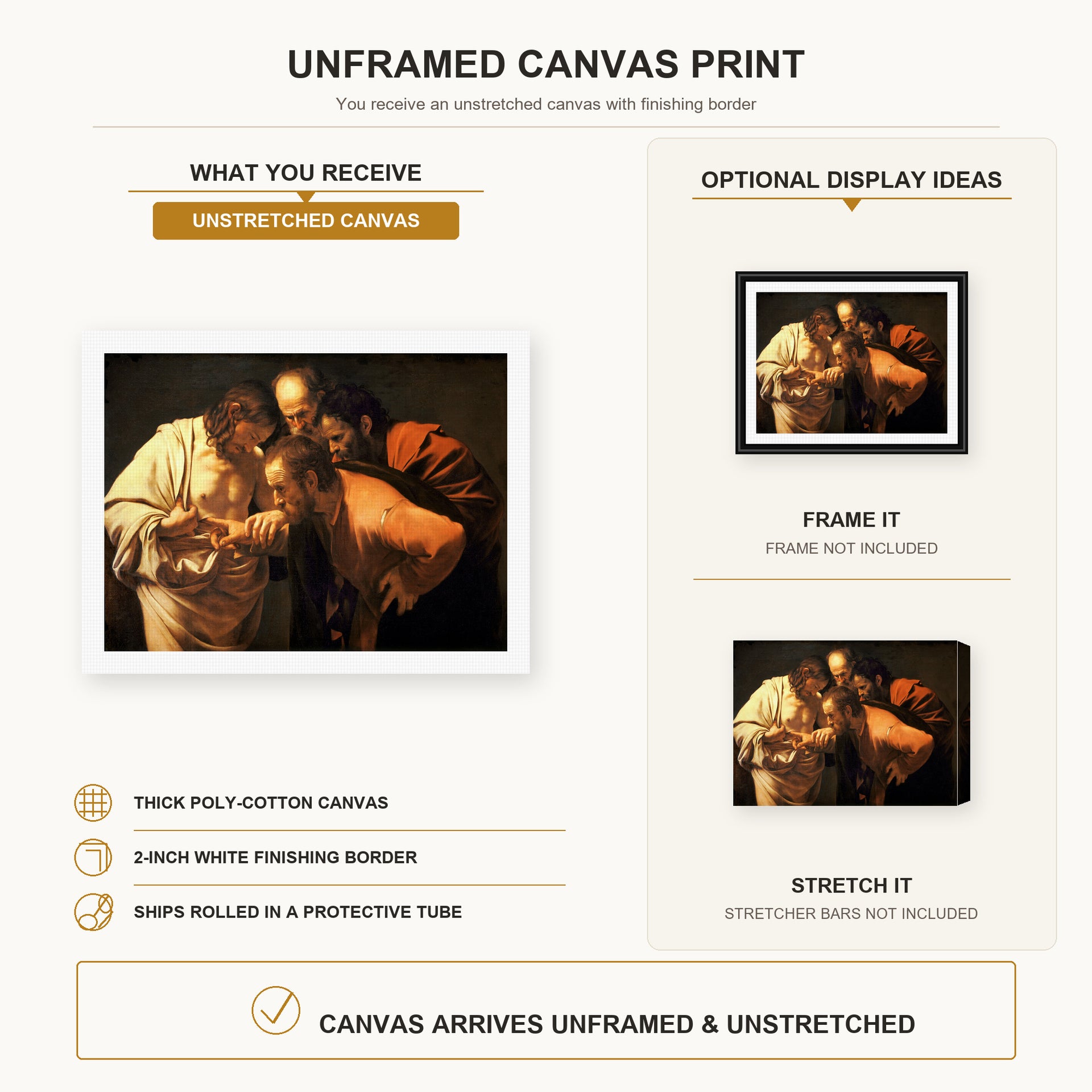 Caravaggio - Doubting of St.Thomas canvas print size comparison and framing display infographic