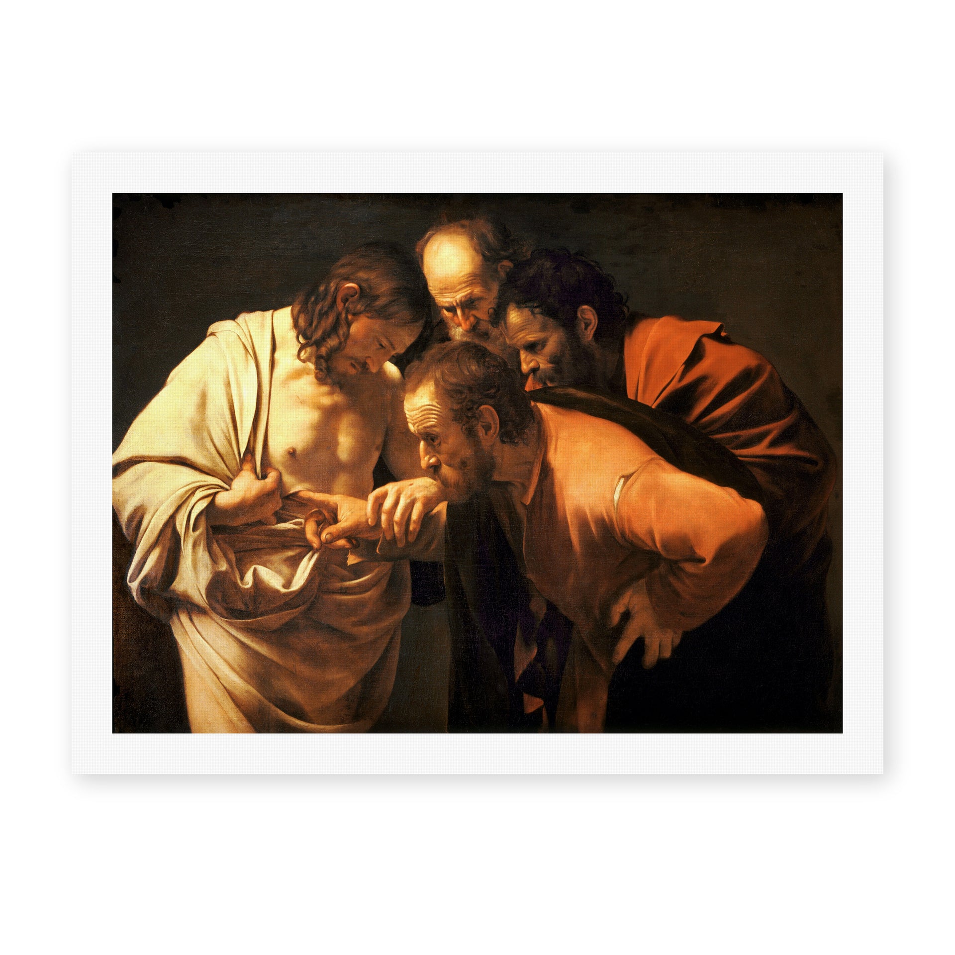 Caravaggio's 'Doubting of St.Thomas' painting reproduced as a rolled canvas print, painted around 1602, also called The Incredulity of Saint Thomas