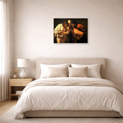 Gallery-wrapped canvas print of Caravaggio's 'Doubting of St.Thomas' displayed on a wall in a bedroom