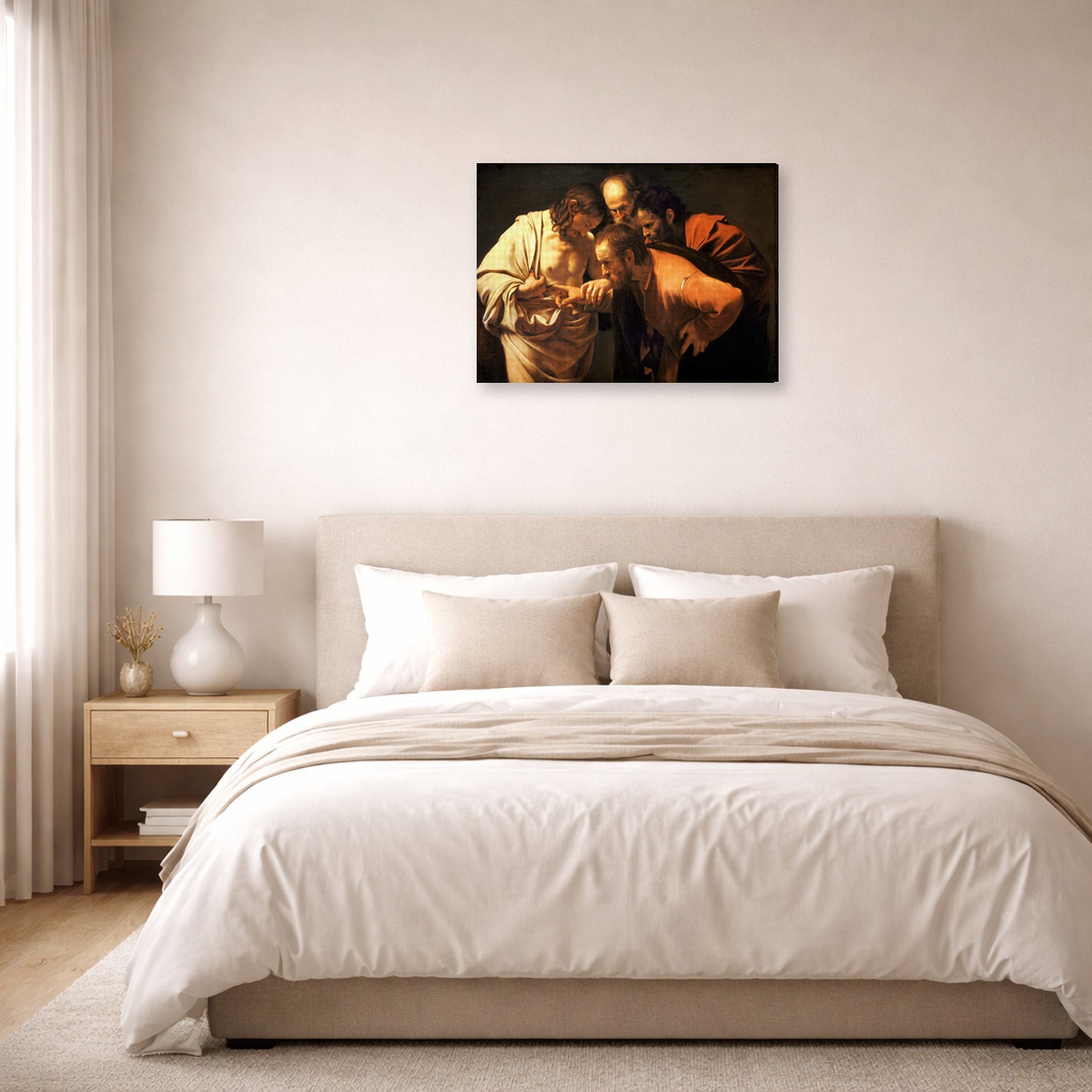 Gallery-wrapped canvas print of Caravaggio's 'Doubting of St.Thomas' displayed on a wall in a bedroom