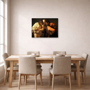 Gallery-wrapped canvas print of Caravaggio's 'Doubting of St.Thomas' displayed on a wall in a dining room
