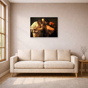 Gallery-wrapped canvas print of Caravaggio's 'Doubting of St.Thomas' displayed on a wall in a living room