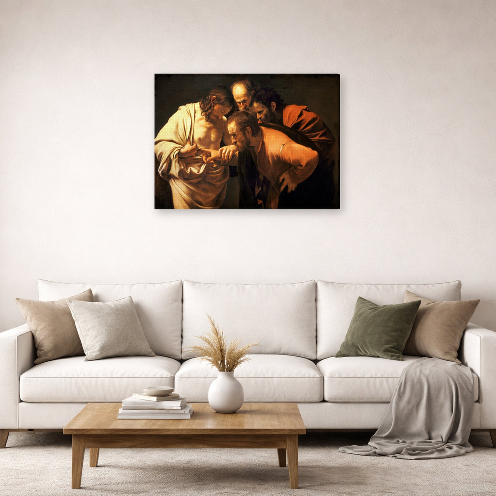 Gallery-wrapped canvas print of Caravaggio's 'Doubting of St.Thomas' displayed on a wall in a living room