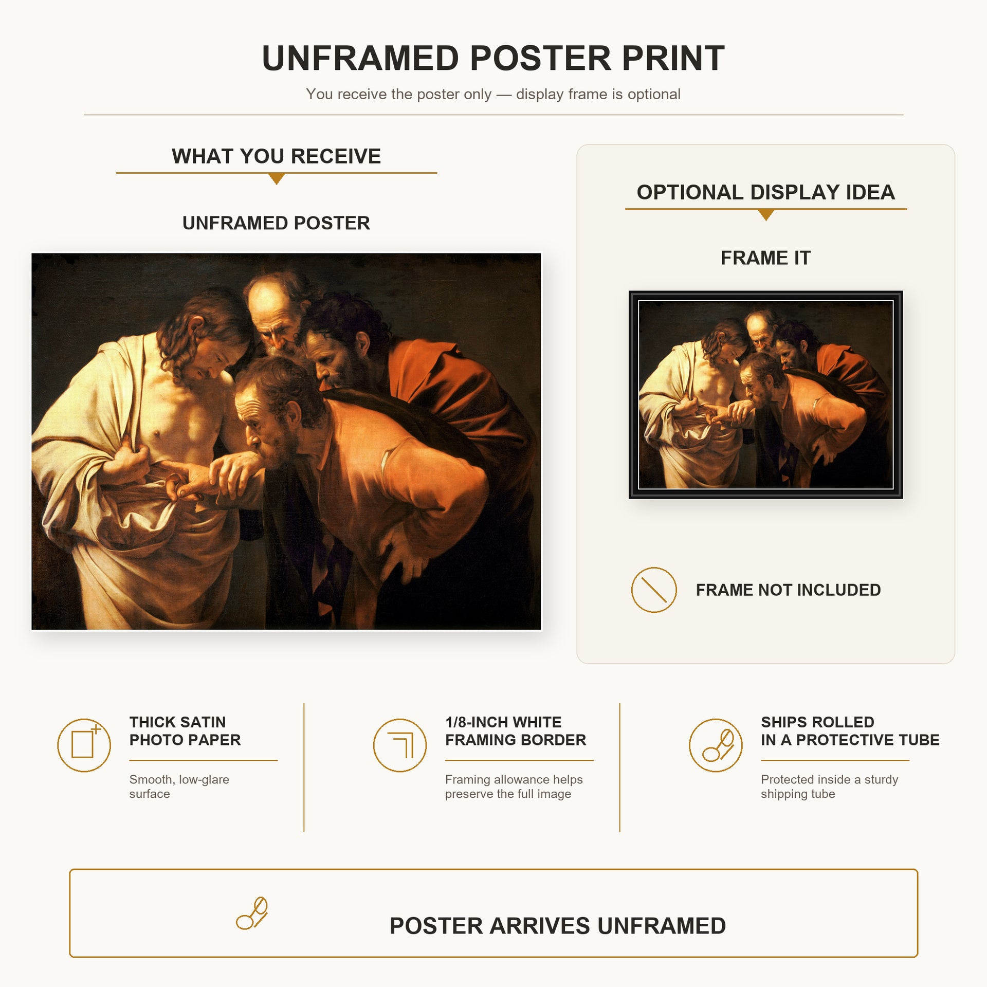 Caravaggio - Doubting of St.Thomas poster print size comparison and framing display infographic