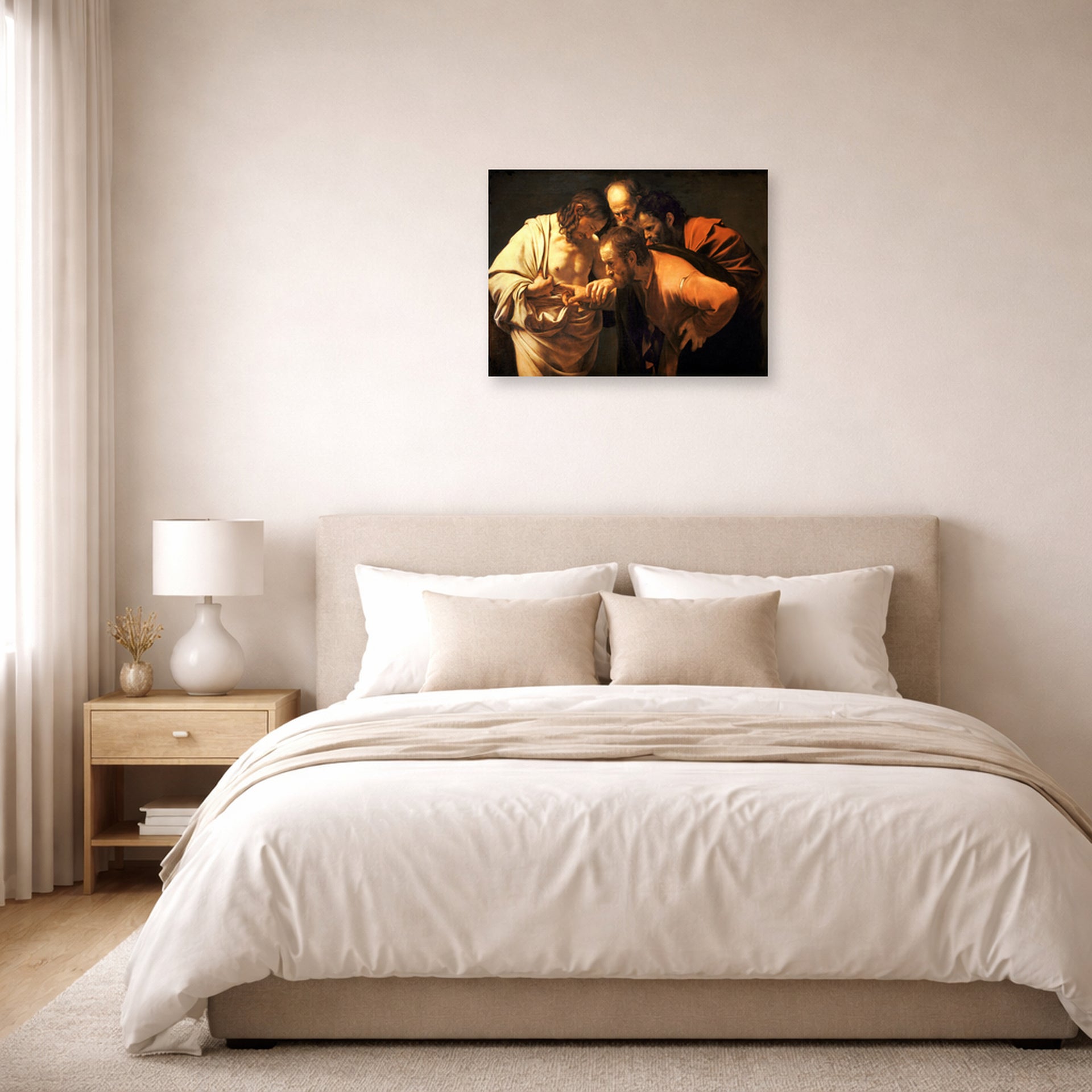 Unframed poster print of Caravaggio's 'Doubting of St.Thomas' displayed on a wall in a bedroom