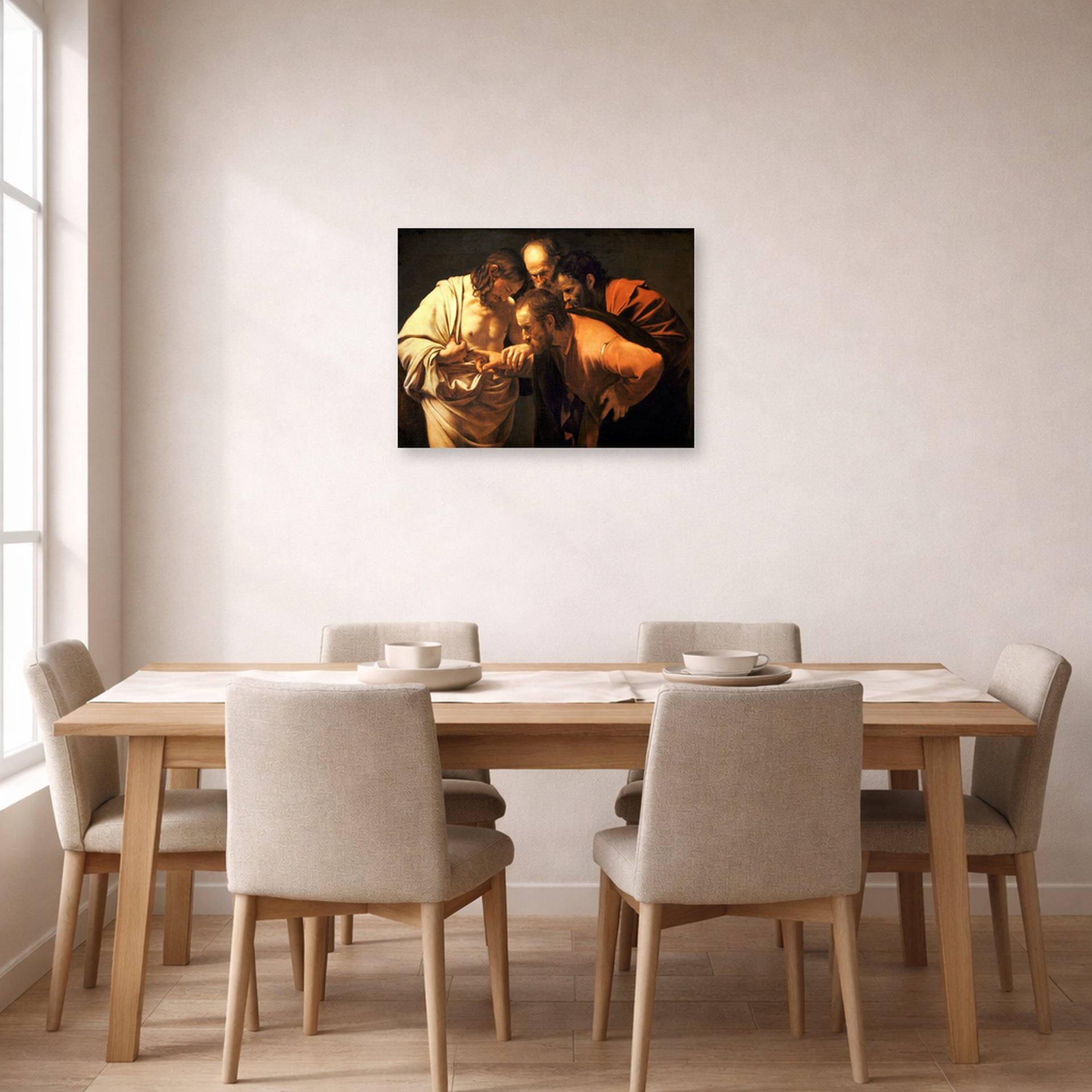 Unframed poster print of Caravaggio's 'Doubting of St.Thomas' displayed on a wall in a dining room