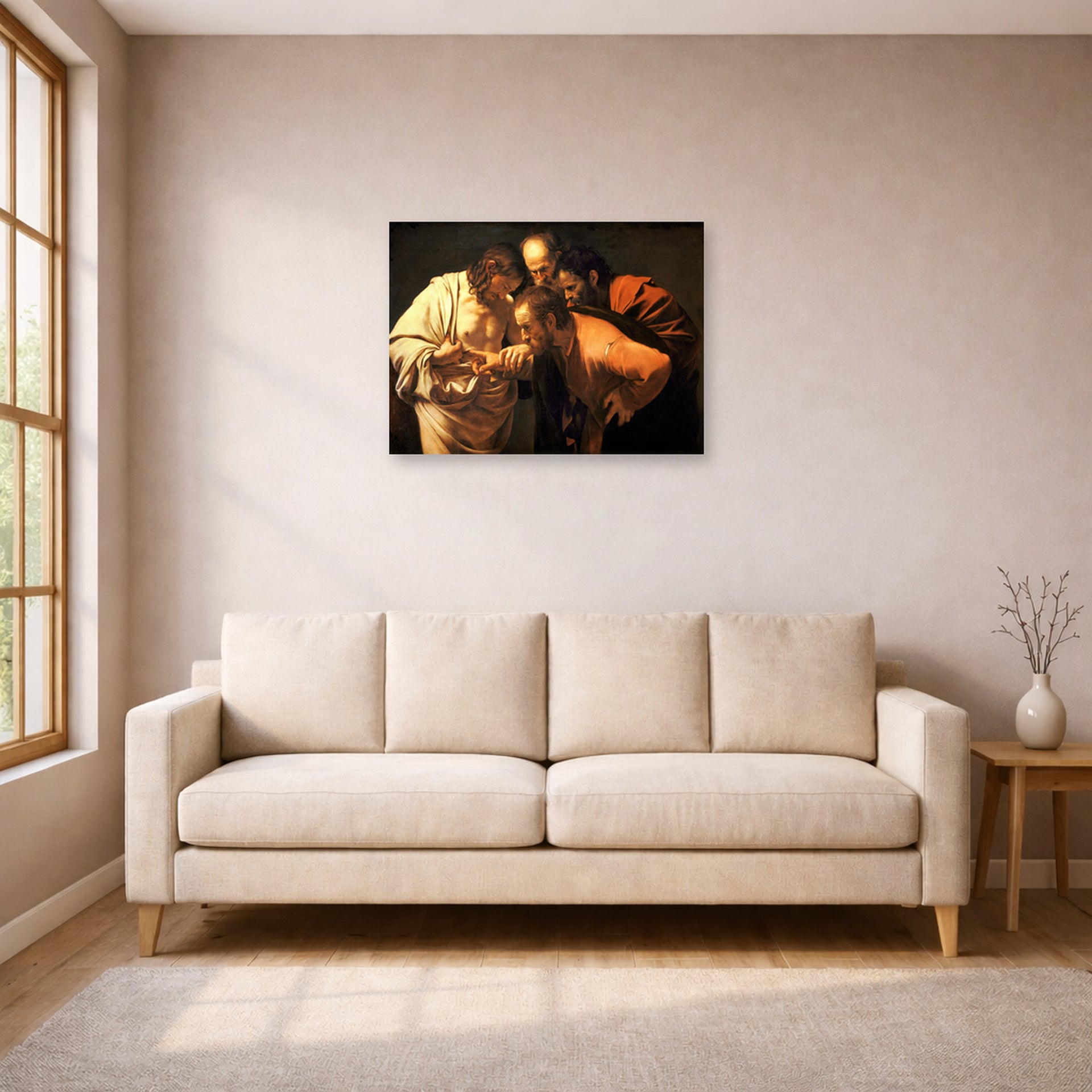 Unframed poster print of Caravaggio's 'Doubting of St.Thomas' displayed on a wall in a living room