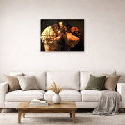 Unframed poster print of Caravaggio's 'Doubting of St.Thomas' displayed on a wall in a living room